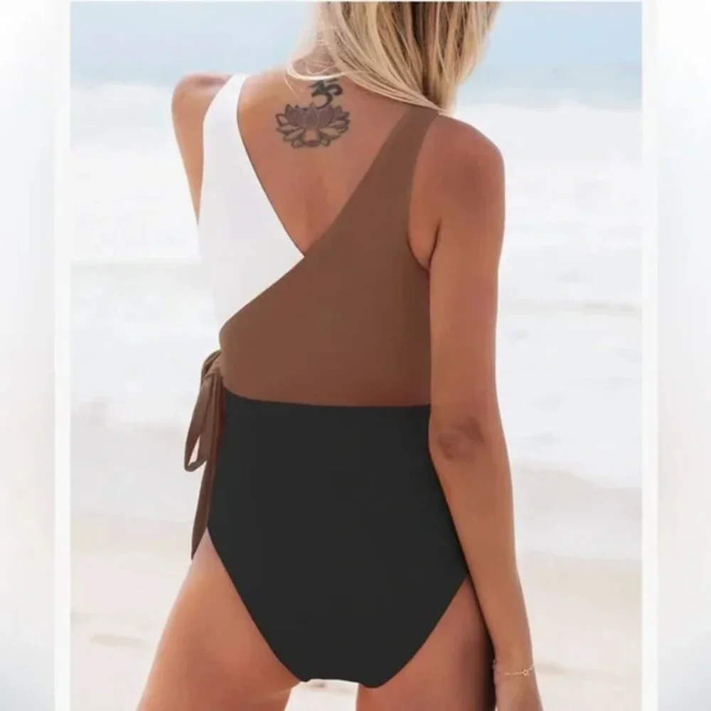 CUPSHE BROWN WHITE BLACK COLORBLOCK WAIST TIE ONE PIECE SWIMSUIT SIZE LARGE NWT - Picture 2 of 2